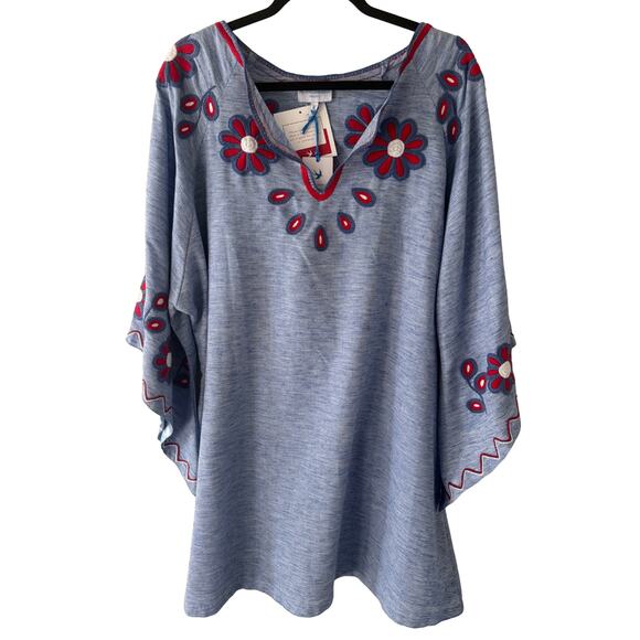 Mi Golondrina Dresses & Skirts - Mi Golondrina Blue and Red Floral Embroidered Long Sleeve Mini Dress Size XL